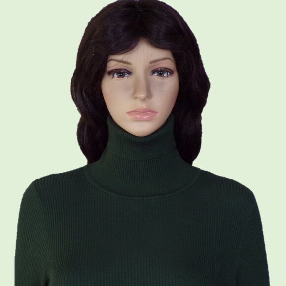 ROCOROSE size M forest-green knit bodycon long-sleeve turtleneck midi dress - Picture 9 of 13